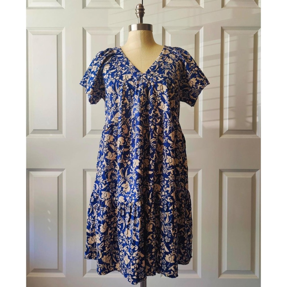 Old Navy Blue Floral Tiered Babydoll Dress V-Neck Short Sleeve Lrg Boho Cottage